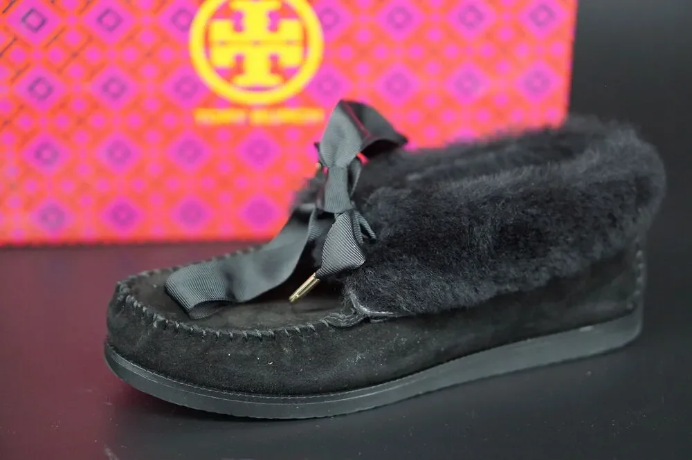 Tory Burch Aberdeen Genuine Rabbit Fur Trim Slipper Bootie SZ 5.5 NIB Black Bow